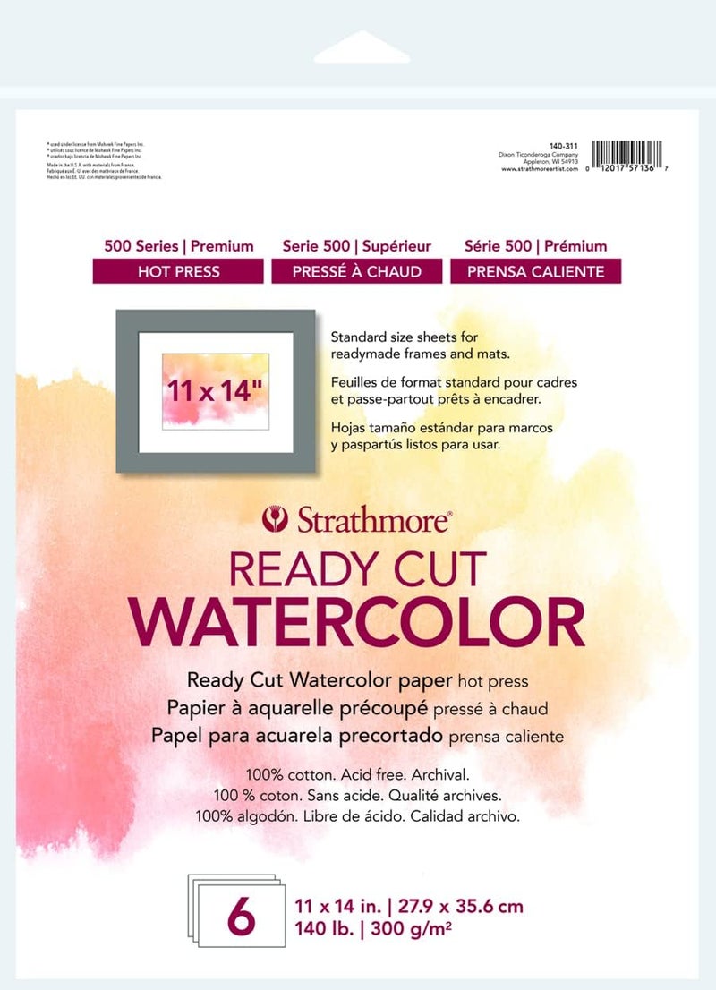 Strathmore 500 Series Ready Cut Watercolor Paper, Hot Press, 11x14 inches, 6 Sheets - Image 1