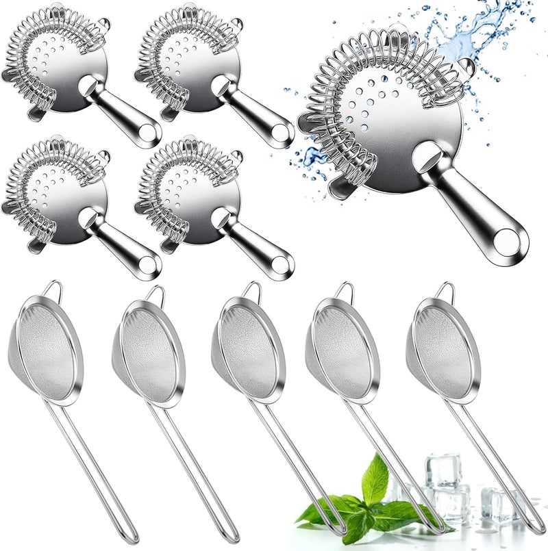 Tinsky 10 Pack Stainless Steel Cocktail Strainer,5 Pcs Cone Shaped Small Fine Mesh Strainer Sieve and 5 Pcs 4-Prong Bar Drink Strainer for Bartender Juice Tea Coffee - Image 1