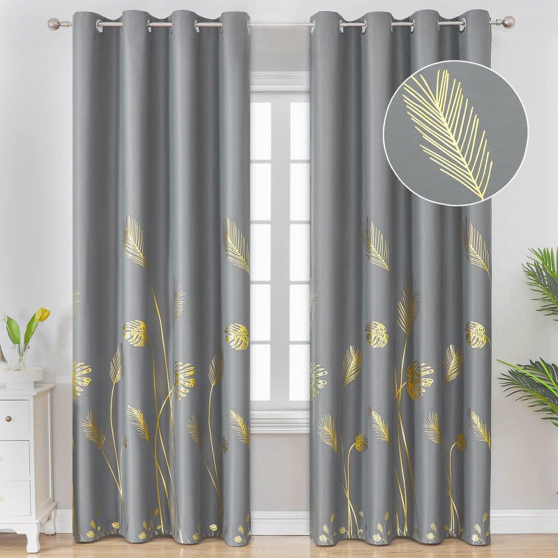 Estelar Textiler Foil Print Gold Palm Tree Curtains Blackout Curtains 96 Length Energy Saving Curtains Thermal Insulated Drapes for Sliding Glass Door Grey 52Wx96L 2 Panels