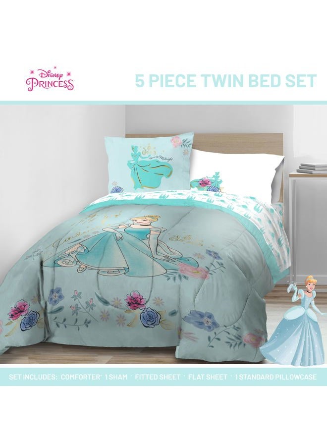 Jay Franco Kids Comforter Set Includes Sheets and Pillow Covers - Soft and Cozy Bed Set for Stylish Room Decor, Official Licensed Bedding, Blue - Princess Cinderella, 5 Piece Twin - Image 2