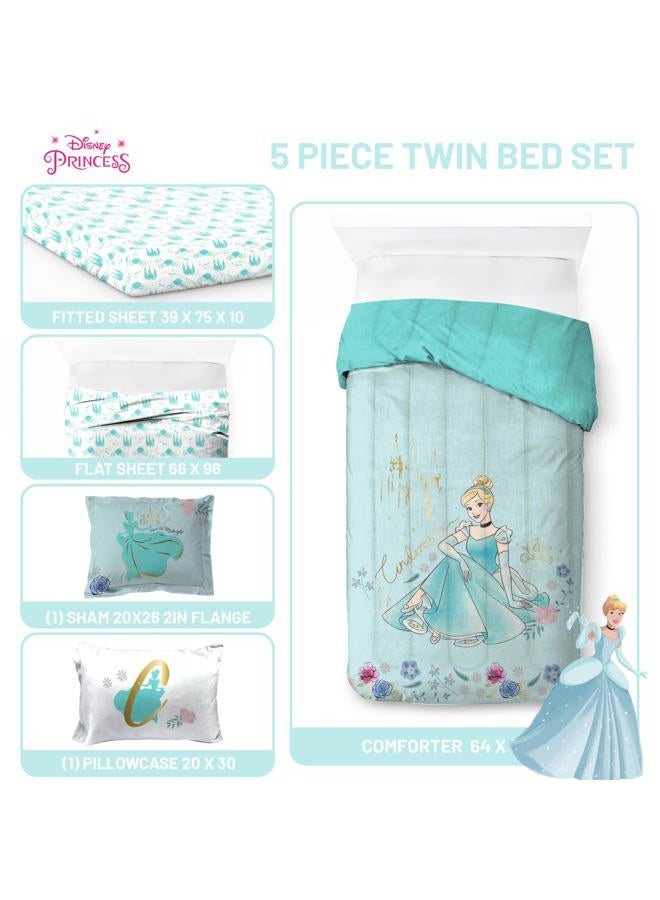 Jay Franco Kids Comforter Set Includes Sheets and Pillow Covers - Soft and Cozy Bed Set for Stylish Room Decor, Official Licensed Bedding, Blue - Princess Cinderella, 5 Piece Twin - Image 3