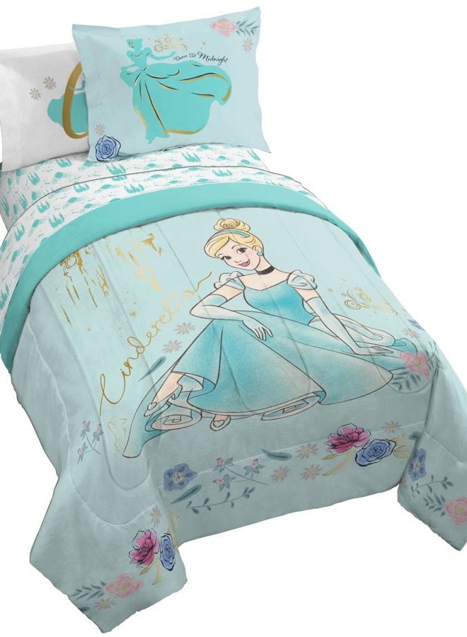 Jay Franco Kids Comforter Set Includes Sheets and Pillow Covers - Soft and Cozy Bed Set for Stylish Room Decor, Official Licensed Bedding, Blue - Princess Cinderella, 5 Piece Twin - Image 1