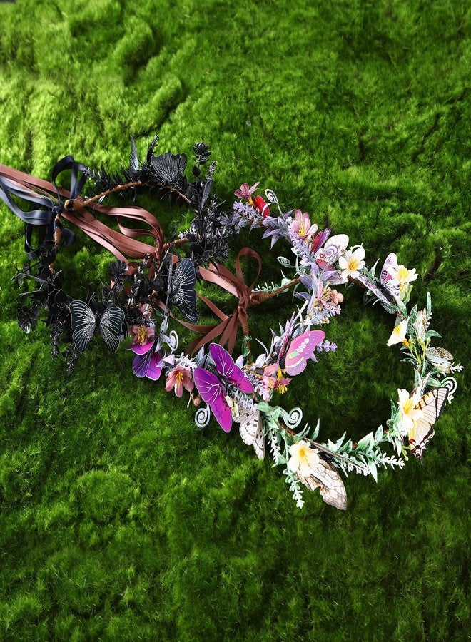 MOSTORY Handmade Black Flower Butterfly Crown - Gohic Elf Headpiece Fairy Floral Headband Dark Wreath for Women s Halloween Renaissance Cosplay Festival Witch Party - Image 5