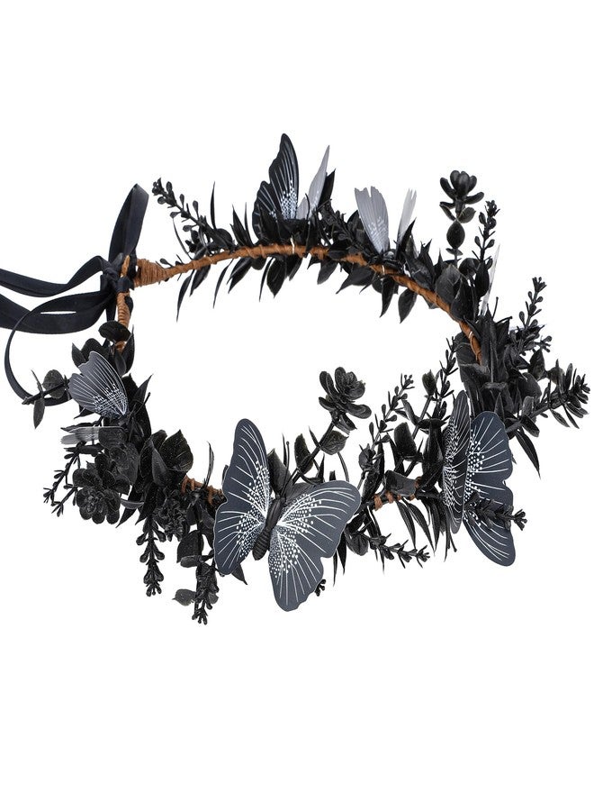 MOSTORY Handmade Black Flower Butterfly Crown - Gohic Elf Headpiece Fairy Floral Headband Dark Wreath for Women s Halloween Renaissance Cosplay Festival Witch Party - Image 1