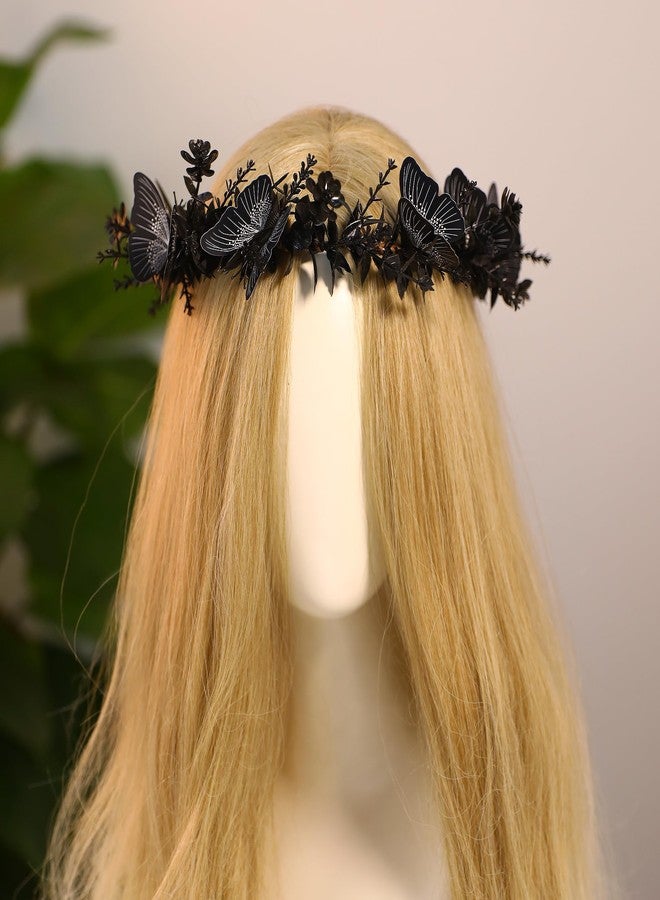 MOSTORY Handmade Black Flower Butterfly Crown - Gohic Elf Headpiece Fairy Floral Headband Dark Wreath for Women s Halloween Renaissance Cosplay Festival Witch Party - Image 2