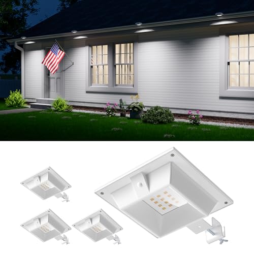 FALOVE 4 Pack White Solar Powered Gutter Lights Outdoor Decorative Waterproof 12 LEDs Yard Lamp for Lighting Fence, Railing, Outside Wall, Deck, Garden, Path, Backyard, Walkway, Patio, Holeless Installation - Image 1