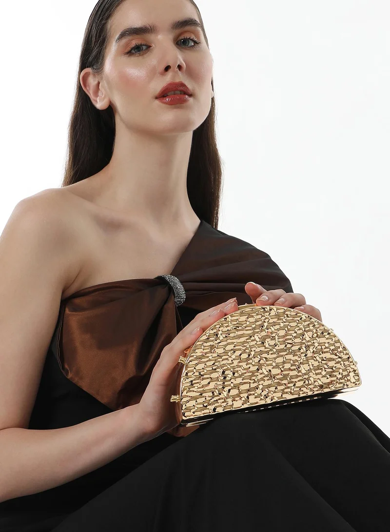 Haute Sauce Haute Sauce Women's The Dented Curve Clutch Bag For Casual Wear | California Gold Colour | One-Size| Push Button Closure | Acrylic Material | Non-Detachable Handle | Bags For Woman & Girls