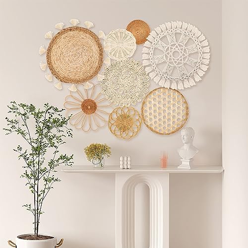 LOCS MICRAI Boho Wall Basket Decor Set of 8 - Flat Woven Basket Wall Hanging Decor,Round Tassels White Macrame Tapestry Wall Decor Art,Handmade Rattan Wicker Seagrass Home Wall Baskets Decor（Boho Classic) - Image 5