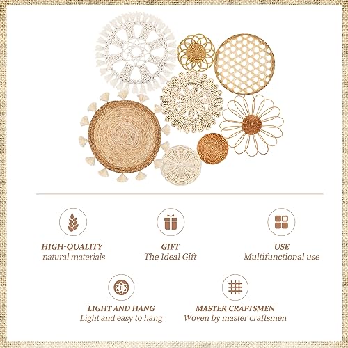 LOCS MICRAI Boho Wall Basket Decor Set of 8 - Flat Woven Basket Wall Hanging Decor,Round Tassels White Macrame Tapestry Wall Decor Art,Handmade Rattan Wicker Seagrass Home Wall Baskets Decor（Boho Classic) - Image 3