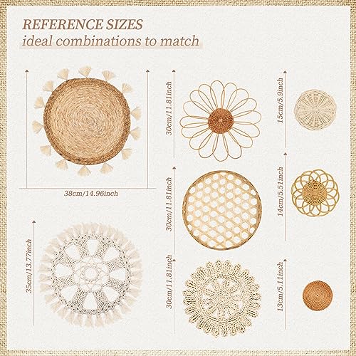 LOCS MICRAI Boho Wall Basket Decor Set of 8 - Flat Woven Basket Wall Hanging Decor,Round Tassels White Macrame Tapestry Wall Decor Art,Handmade Rattan Wicker Seagrass Home Wall Baskets Decor（Boho Classic) - Image 2