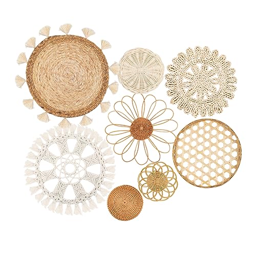 LOCS MICRAI Boho Wall Basket Decor Set of 8 - Flat Woven Basket Wall Hanging Decor,Round Tassels White Macrame Tapestry Wall Decor Art,Handmade Rattan Wicker Seagrass Home Wall Baskets Decor（Boho Classic) - Image 1