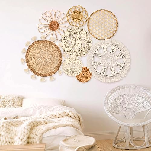 LOCS MICRAI Boho Wall Basket Decor Set of 8 - Flat Woven Basket Wall Hanging Decor,Round Tassels White Macrame Tapestry Wall Decor Art,Handmade Rattan Wicker Seagrass Home Wall Baskets Decor（Boho Classic) - Image 4