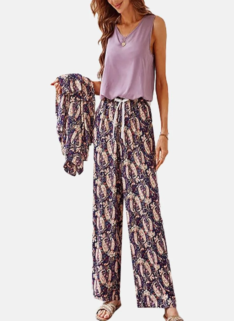 يونيكي Purple Ethnic Motifs Pyjamas,Robe & Crop Top