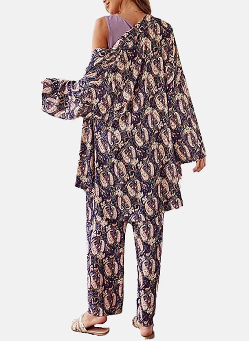 يونيكي Purple Ethnic Motifs Pyjamas,Robe & Crop Top