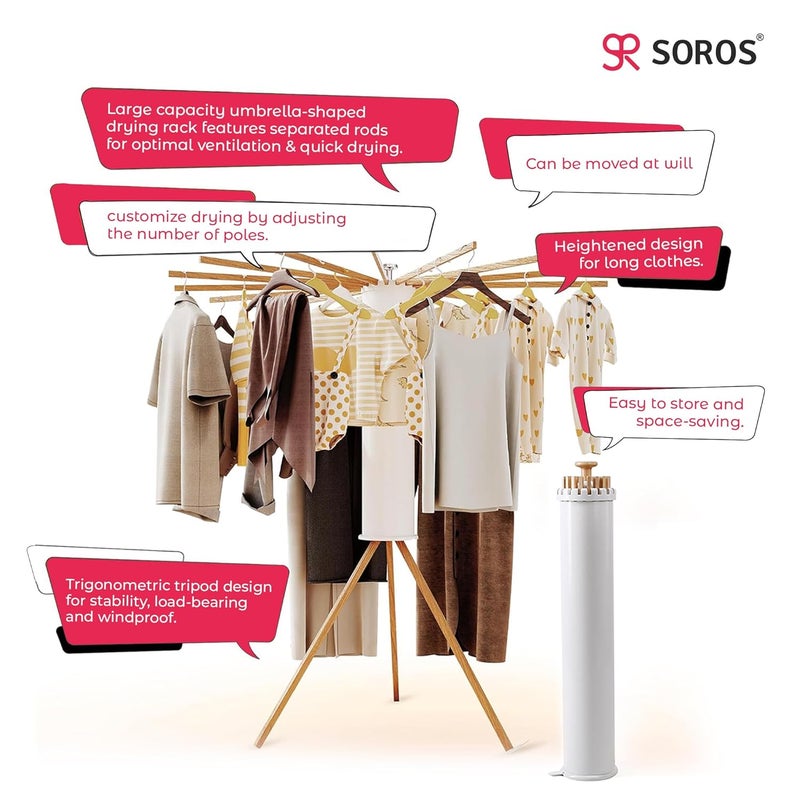 SOROS Foldable Cloth Dryer Stand Racks Cloth Stands for Drying Clothes Multi Way Folding Rotatable 39 Feet Drying Length 16 Drying Heavy Duty Solid Beech Wood Rails Lightweight SOTC21WD70WHA - Image 4