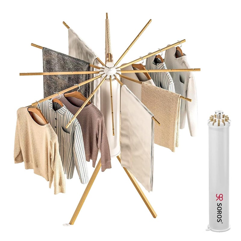 SOROS Foldable Cloth Dryer Stand Racks Cloth Stands for Drying Clothes Multi Way Folding Rotatable 39 Feet Drying Length 16 Drying Heavy Duty Solid Beech Wood Rails Lightweight SOTC21WD70WHA - Image 1