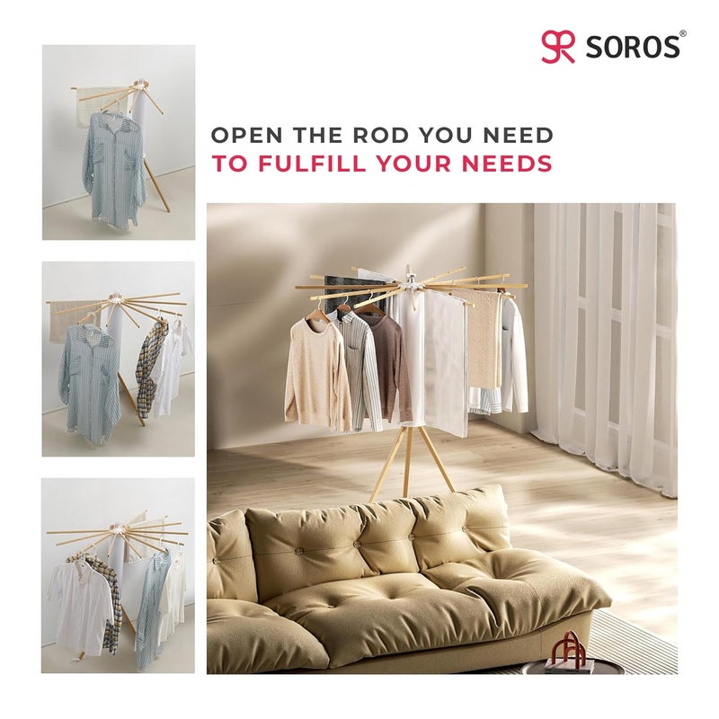 SOROS Foldable Cloth Dryer Stand Racks Cloth Stands for Drying Clothes Multi Way Folding Rotatable 39 Feet Drying Length 16 Drying Heavy Duty Solid Beech Wood Rails Lightweight SOTC21WD70WHA - Image 2