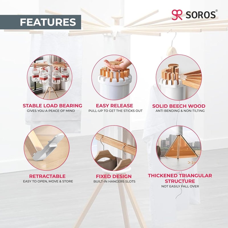 SOROS Foldable Cloth Dryer Stand Racks Cloth Stands for Drying Clothes Multi Way Folding Rotatable 39 Feet Drying Length 16 Drying Heavy Duty Solid Beech Wood Rails Lightweight SOTC21WD70WHA - Image 3