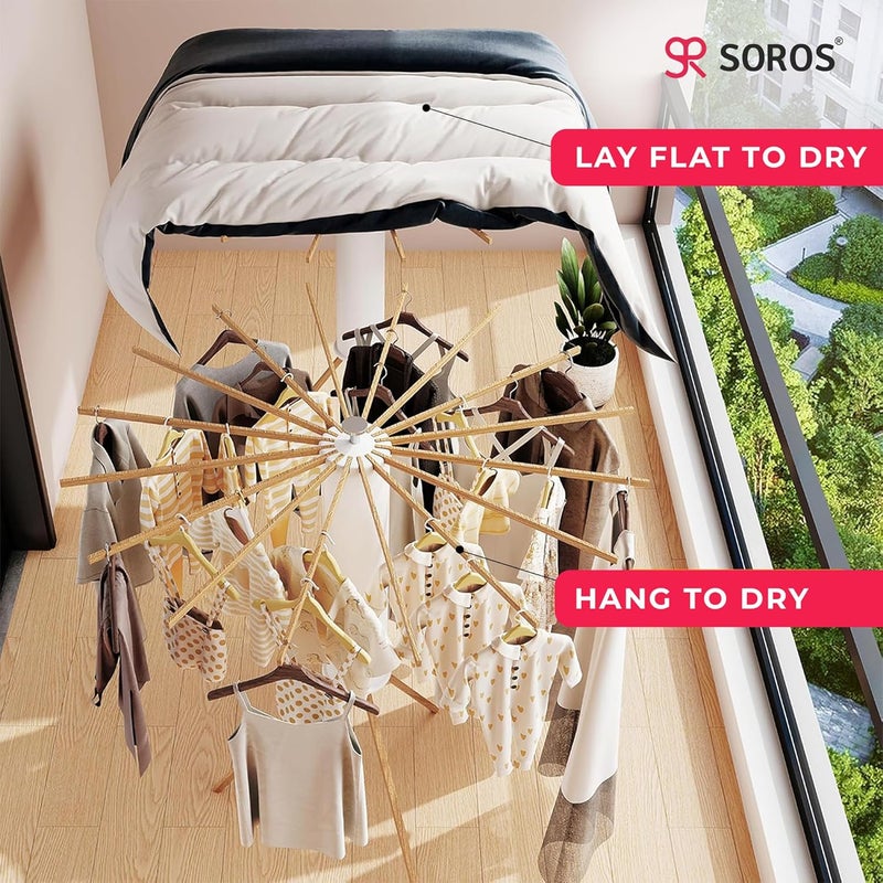 SOROS Foldable Cloth Dryer Stand Racks Cloth Stands for Drying Clothes Multi Way Folding Rotatable 39 Feet Drying Length 16 Drying Heavy Duty Solid Beech Wood Rails Lightweight SOTC21WD70WHA - Image 5