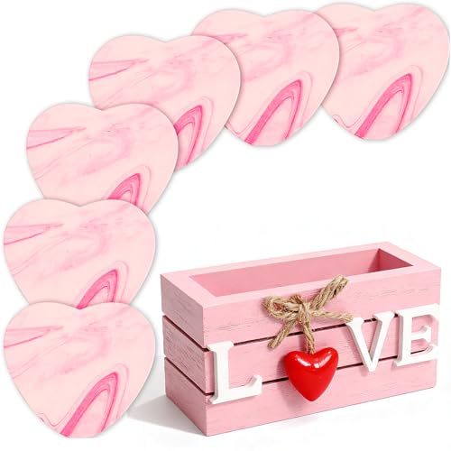 Ninivi Heart Wooden Cup Coasters Set of 6, Cute Pink Drink Coaster with Holder for Home Table Office Desk, Birthday Gift Ideas for Wife and Girlfriends, Kawaii Pink Living Room Decor for Daughter - Image 1