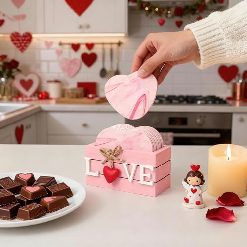 Ninivi Heart Wooden Cup Coasters Set of 6, Cute Pink Drink Coaster with Holder for Home Table Office Desk, Birthday Gift Ideas for Wife and Girlfriends, Kawaii Pink Living Room Decor for Daughter - Image 3