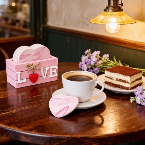 Ninivi Heart Wooden Cup Coasters Set of 6, Cute Pink Drink Coaster with Holder for Home Table Office Desk, Birthday Gift Ideas for Wife and Girlfriends, Kawaii Pink Living Room Decor for Daughter - Image 4