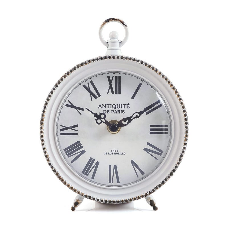 NIKKY HOME NIKKY HOME Vintage Table Clock with Handle Shelf Desk Top Clock Battery Operated Rustic Design Chic Home Decor for Fireplace Mantel Desktop Countertop Distressed White 