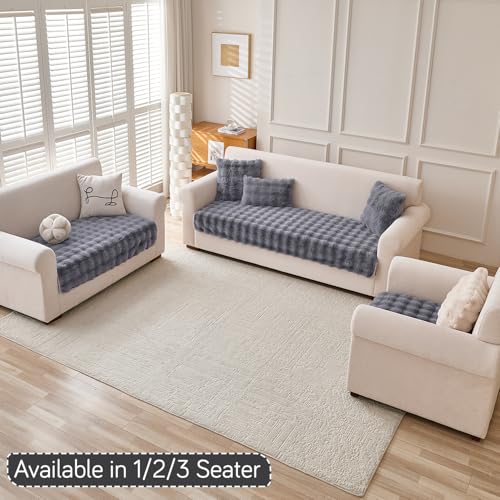 HOKIPO 'FurHug' Luxury Faux Rabbit Fur Anti Slip Sofa Cover Mat, 1 Seater, Cool Grey (AR-5010-GRY*1) - Image 4