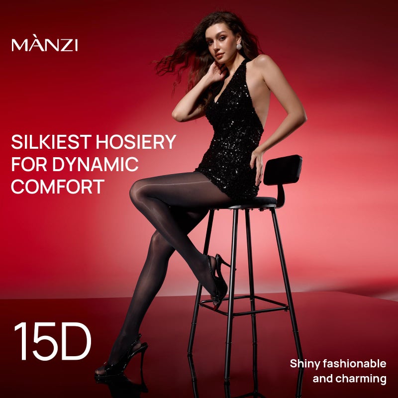MANZI Women's Shiny Pantyhose Sheer Shimmer Tights High Waist Oil Shimmery Ultra Silky Nylons Pantyhose (Black,L/XL) - Image 2