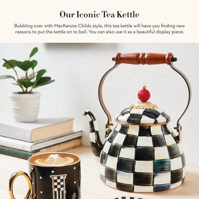 mackenzie childs MACKENZIE-CHILDS Enamel Tea Kettle, Stylish Tea Kettle for Stovetop, Black-and-White Courtly Check, 2 Quarts - Image 4