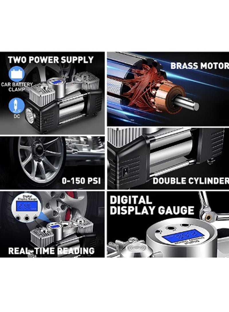 ضاغط هواء رقمي محمول لنفخ إطارات السيارات، مضخة هواء رقمية محمولة بسلك DC12V مع أسطوانة مزدوجة 30 مم للخدمة الشاقة/إيقاف تلقائي/مصباح LED/مقبض معدني/صندوق أدوات، مقياس ضغط الإطارات - احترافي لسيارات الدفع الرباعي والطرق الوعرة والشاحنات