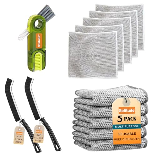 Solitude 8X Combo 5 Non-Scratch Wire Dishcloth, 2 Mini Gap Cleaning Brush & 1 3-in-1 Cup Lid Gap Cleaning Brush, Multipurpose Wire Dishwashing Rag for Wet and Dry, Easy Rinsing, Reusable for Kitchen - Image 1