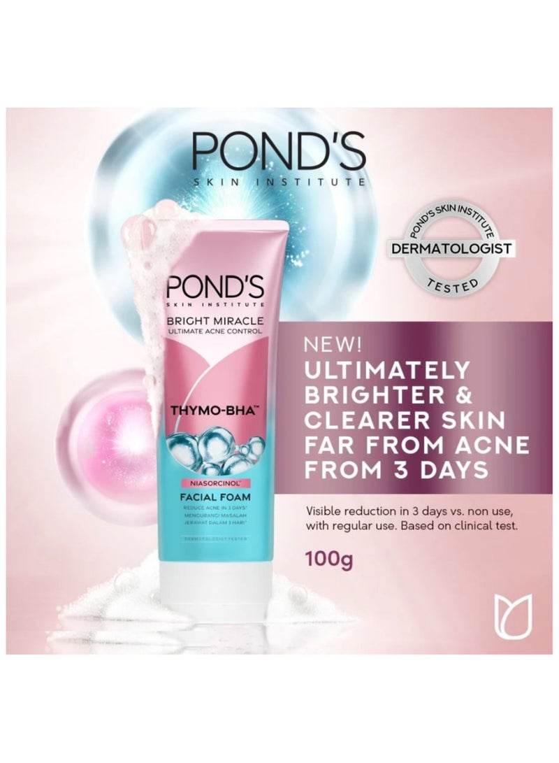 Pond's Bright Miracle Ultimate Acne Conrol Thymo-BHA (Niasorcinol) Facial Foam Reduces Acne in 3 Days 100g - Image 2