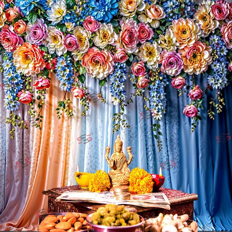 S2S قماش خلفية زفاف أزرق لتزيين البوجا التقليدي، قماش تزيين خلفية | قماش ستارة للمهرجانات والفعاليات والمناسبات - (5 × 5 قدم) (أزرق زفاف) - Image 5