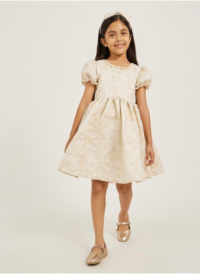 Styli Floral Embellished Puff Sleeves Dress with Headband  - Image 1