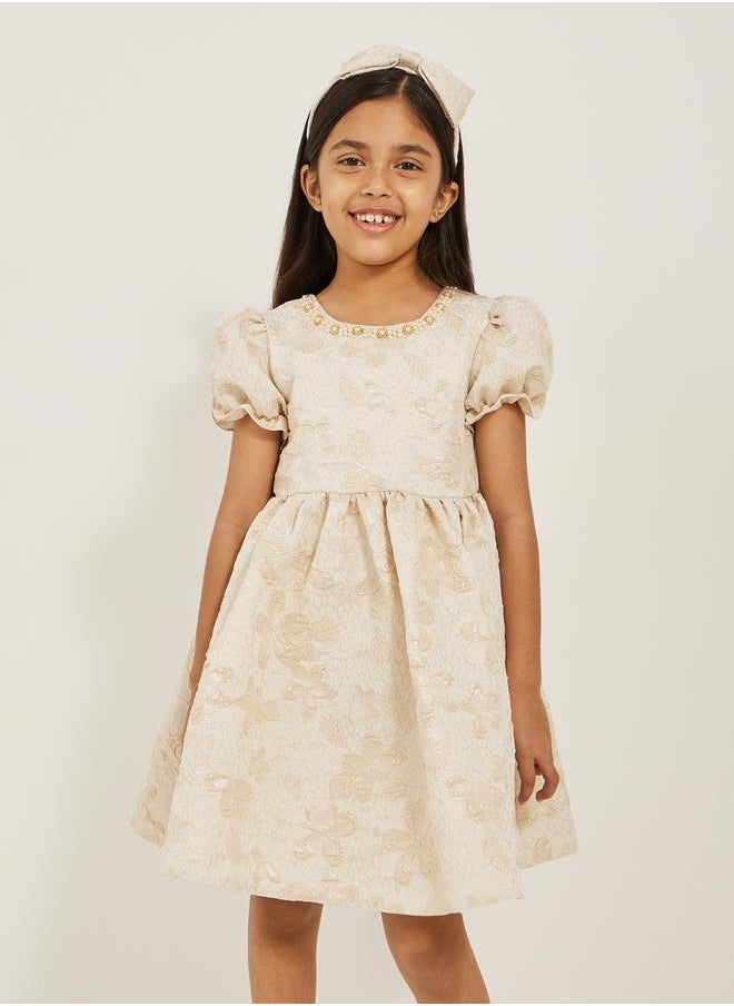 Styli Floral Embellished Puff Sleeves Dress with Headband  - Image 2