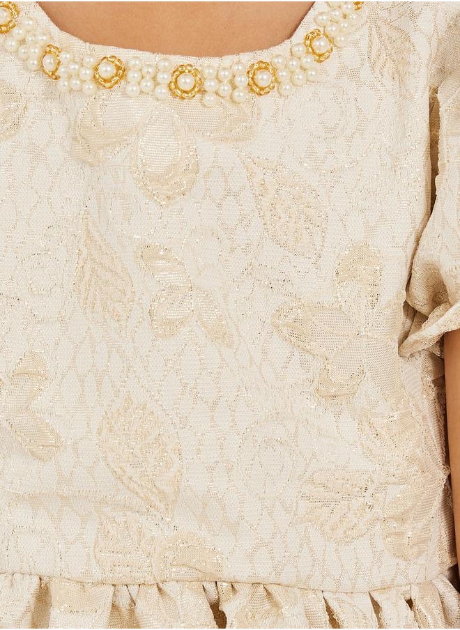 Styli Floral Embellished Puff Sleeves Dress with Headband  - Image 3