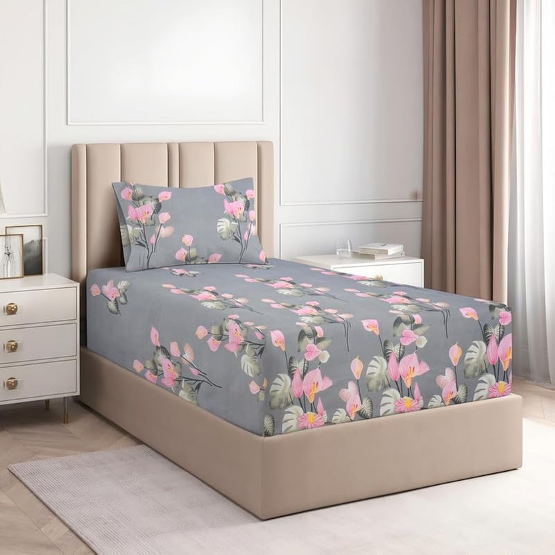 BSB HOME Glace Cotton 220Tc Flat Single Bedsheets for Summer Breathable | Wrinklefree (Size-152 X 228 Cm) with 1 Pillow Covers (Size-17 X 27 Inches, Floral Print Grey & Pink), 220 Tc - Image 1