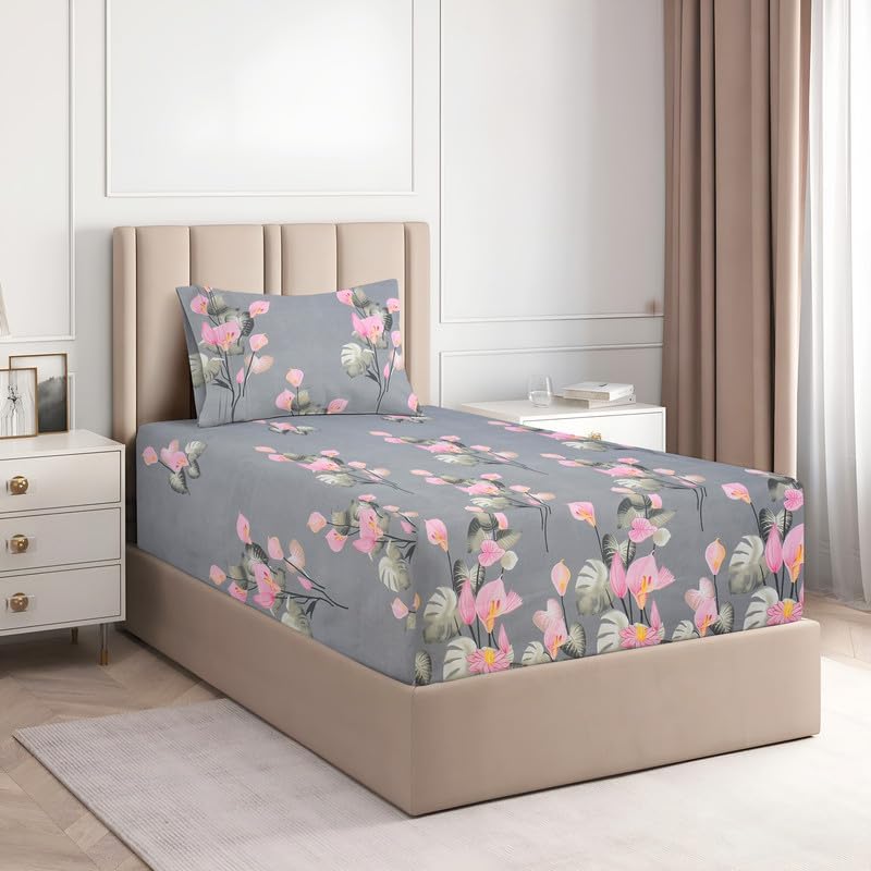 BSB HOME Glace Cotton 220Tc Flat Single Bedsheets for Summer Breathable | Wrinklefree (Size-152 X 228 Cm) with 1 Pillow Covers (Size-17 X 27 Inches, Floral Print Grey & Pink), 220 Tc - Image 2