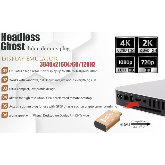 rayihni 4K 120HZ HDMI DUMMY PLUG - DISPLAY TO HDMI ADAPTER, LUNA DISPLAY VIRTUAL WINDOW FOR HOME-EDID EMULATOR-DUMMY, DISPLAYPORT HEADLESS DUMMIE DONGLE (HDMI-2.1PORT-4K-120HZ-2P) - Image 2