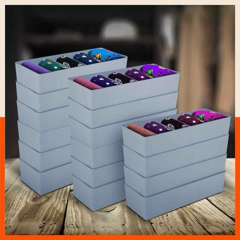 Bathla دوري (مجموعة من 16) منظم تخزين درج متعدد الاستخدامات قابل للتكديس | لتنظيم الجوارب، الملابس الداخلية، الرباط، المناديل، المجوهرات، القرطاسية، الحزام، إلخ. | رمادي | 5 أقسام – ستومو - Image 1