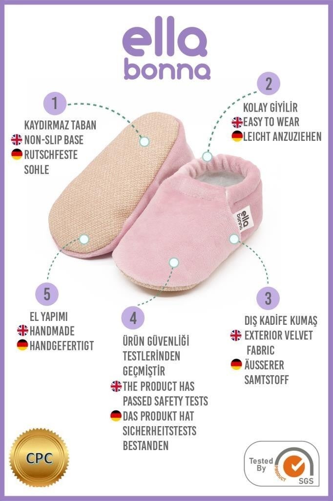 Ella Bonna Velvet Baby Booties, Non-Slip Sole, Nursery Shoe Booties, Powder  - Image 4