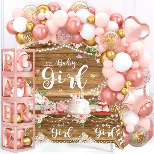 FRIGG Rose Gold Baby Shower Decorations for Girl Rose Gold Pink Balloon Arch Garland Kit with Baby Boxes with Letters Baby Girl Backdrop and Tablecloth for Butterfly Baby Shower Decor Girl Birthday - Image 1