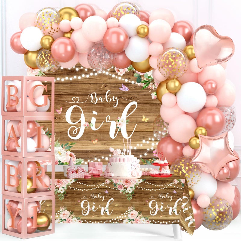 FRIGG Rose Gold Baby Shower Decorations for Girl Rose Gold Pink Balloon Arch Garland Kit with Baby Boxes with Letters Baby Girl Backdrop and Tablecloth for Butterfly Baby Shower Decor Girl Birthday - Image 3