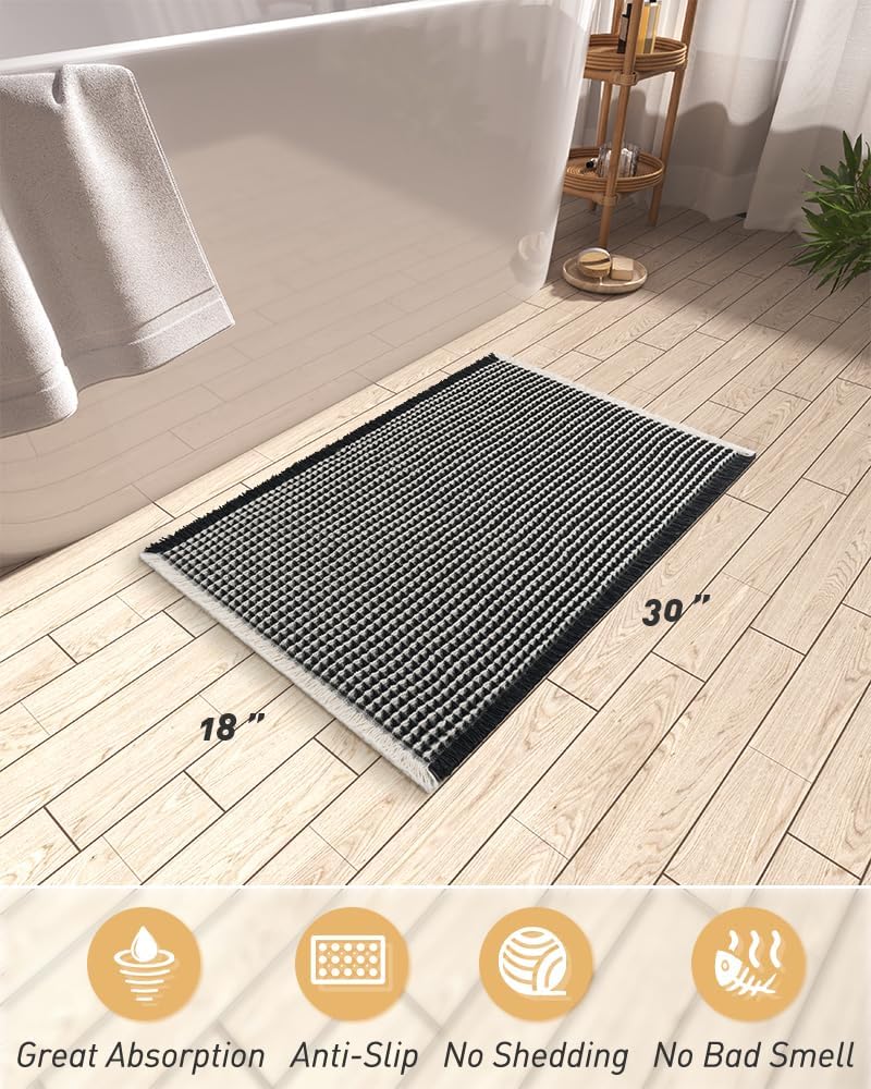 AMOAMI Upgraded Waffle Bath Mat, Super Absorbent Non Slip Bath Mats for Bathroom Floor, Machine Washable Bathroom Rugs with Tassels, Rubber Backed Bathroom Mats, Ultra Soft, 18" x 30",Black & Cream - Image 2
