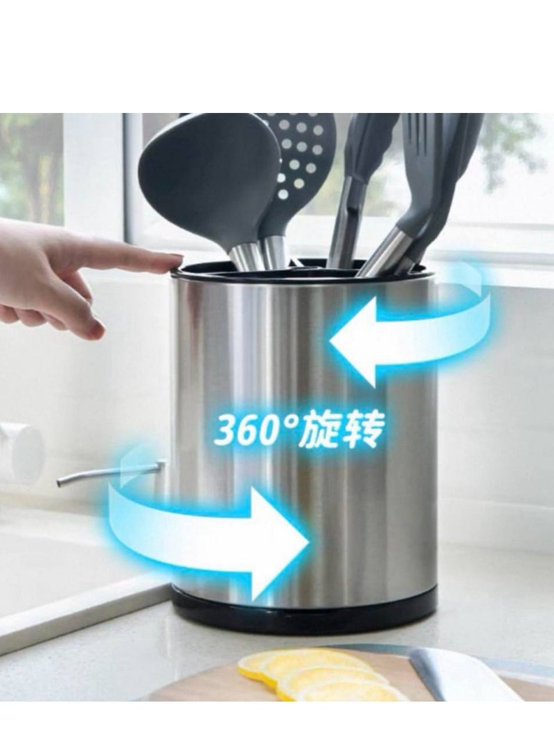Kitchen Utensil Stand - Premium Stainless Steel 360-Degree Rotating Holder for Large Spatulas and Spoons with Sturdy Base for Tabletop Organization - Image 1