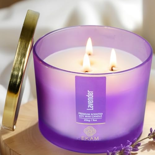 EKAM 3 Wick Soy Wax Scented Candle | Lavender Fragrance | 35 Hr Burn | Long Lasting Premium Jar Candle for Home Decor, Relaxation & Aromatherapy - Image 1