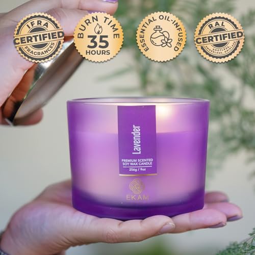 EKAM 3 Wick Soy Wax Scented Candle | Lavender Fragrance | 35 Hr Burn | Long Lasting Premium Jar Candle for Home Decor, Relaxation & Aromatherapy - Image 2