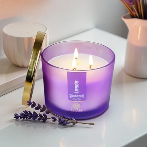EKAM 3 Wick Soy Wax Scented Candle | Lavender Fragrance | 35 Hr Burn | Long Lasting Premium Jar Candle for Home Decor, Relaxation & Aromatherapy - Image 4