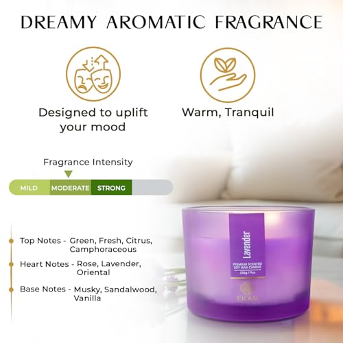 EKAM 3 Wick Soy Wax Scented Candle | Lavender Fragrance | 35 Hr Burn | Long Lasting Premium Jar Candle for Home Decor, Relaxation & Aromatherapy - Image 5